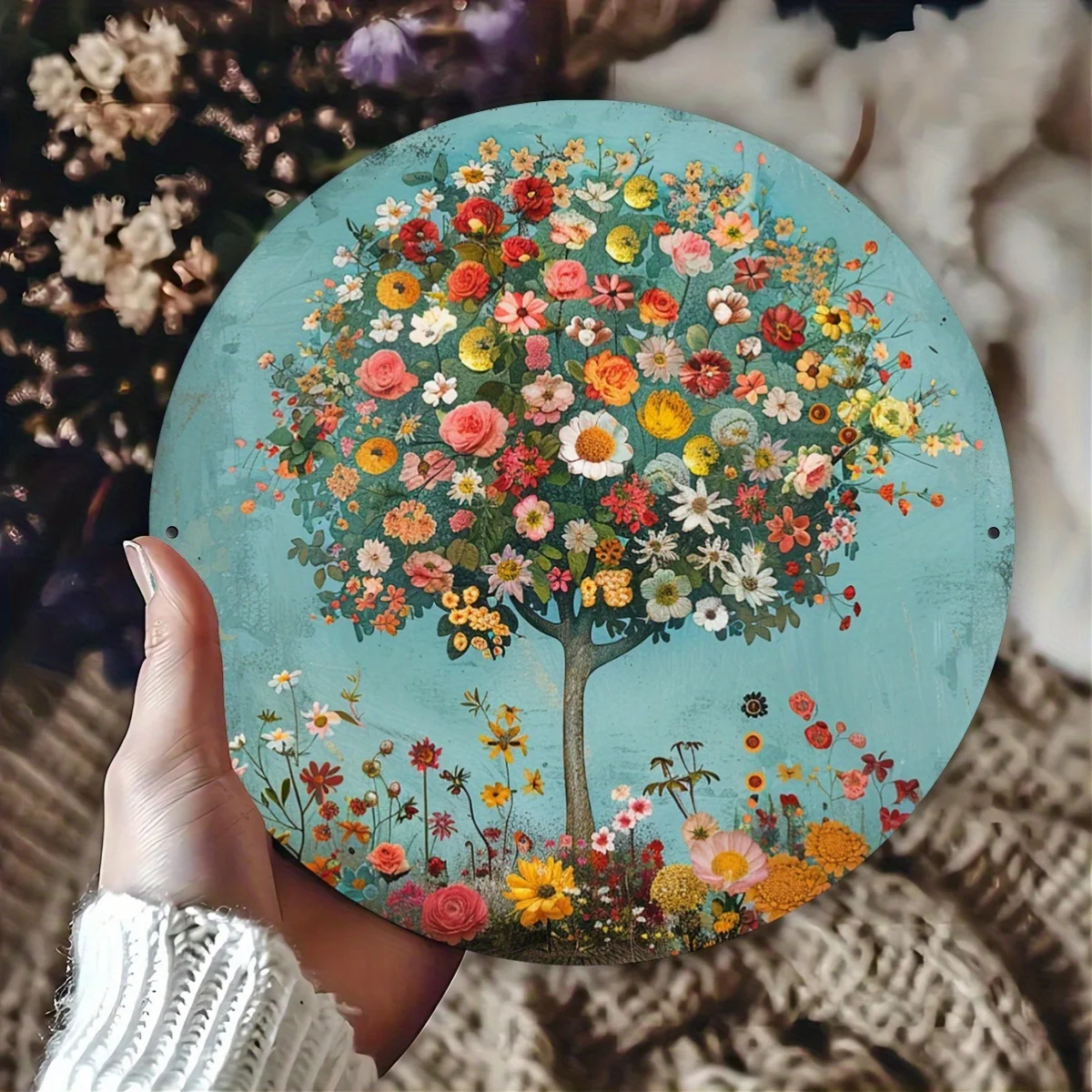 2D Flat, 1pc Vintage Floral Tree of Life Metal Wall Decor - 20x20cm Round Iron Sign with Vibrant Multicolor Flowers & Green Leav