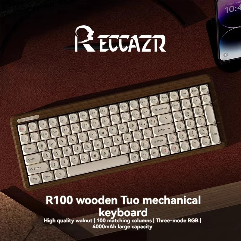 

R100 Wooden Mechanical Keyboard Walnut Wood Wireless/Wired Tri-mode Customize Hot Swap RGB Ergonomics Gaming Office Keyboard