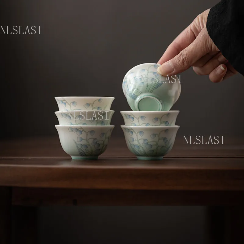 6pcs Ceramic Bluebell Flower Tea Cup Chinese Small Capacity Hospitality Tea Cup Underglaze Color Kung Fu Household Tea Cup