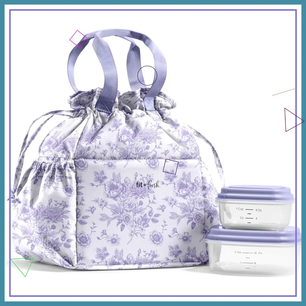 

Women's Insulated Lunch Bag with Containers, Leak-Resistant, Floral Design for School or Work