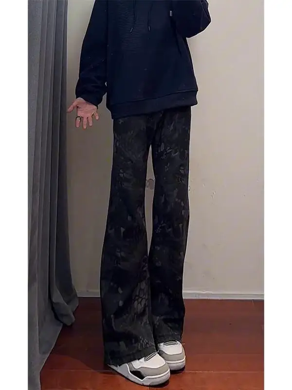 

American High Street Vibe Snake Print Embroidery Jeans Men's Autumn Winter Straight Leg Slimming Bell Bot Faionable Cas...