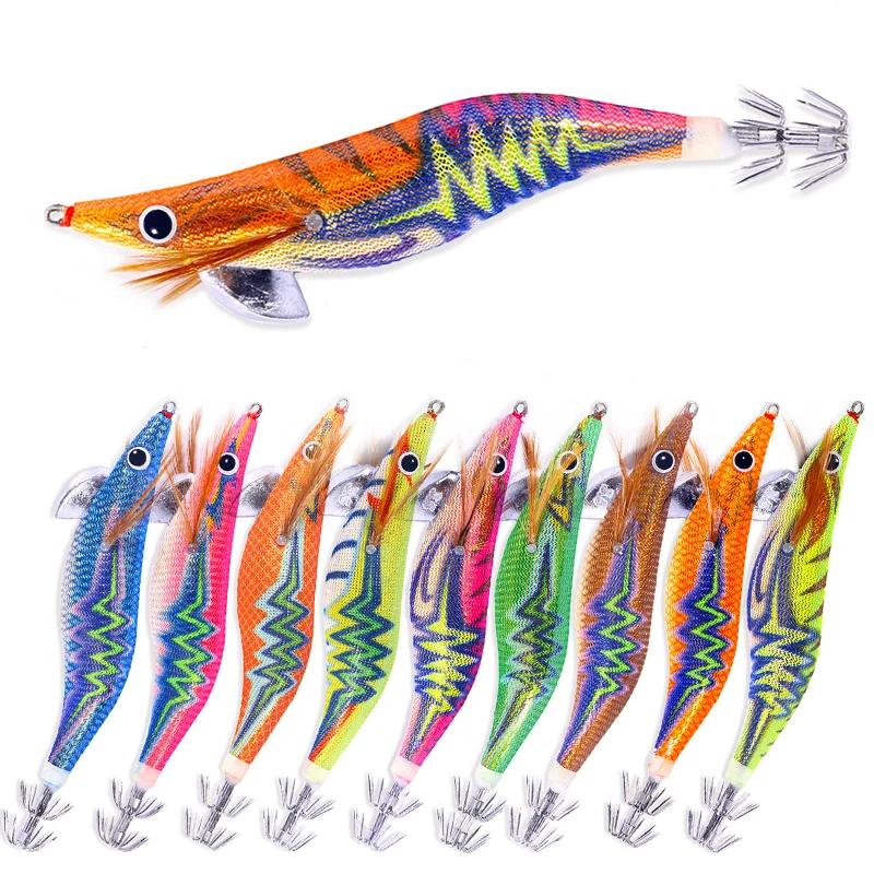 1pcs Wooden Shrimp Fishing Lure Squid Jig Fishing Hook Octopus Cuttlefish Artificial Jigging Lures Hard Bait Pesca 3.5# 14CM 20g