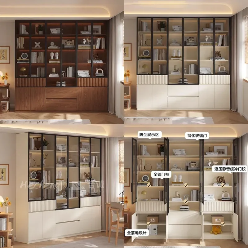 For Hecheng Glass Bookcase Osun Board Living Room Wall Integrated Floor Bookshelf Combination Household Storage Display