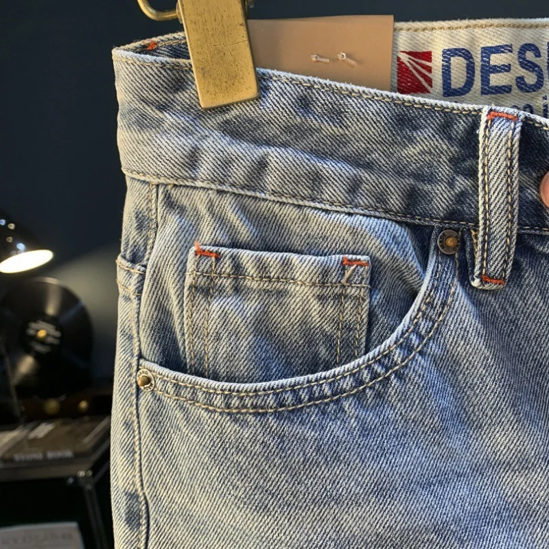 2024new summer casual shorts men's plus size light color fifth jeans trendy embroidery high-end straight short pants