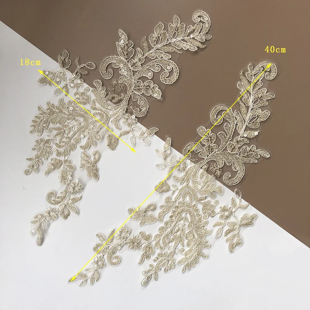 1Pairs Champagne Gold Clear Sequins Floral Motif Venise Venice Guipure Cording Lace Trims Applique Fabric For Wedding Dress