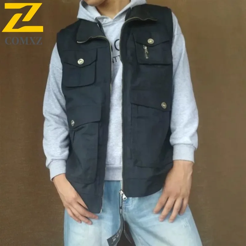

COMXZ Men Utility Tactical Vest American Style Sleeveless Waistcoat Multi-Pocket Workwear Jacket Outdoor Sports Photog Gear Coat