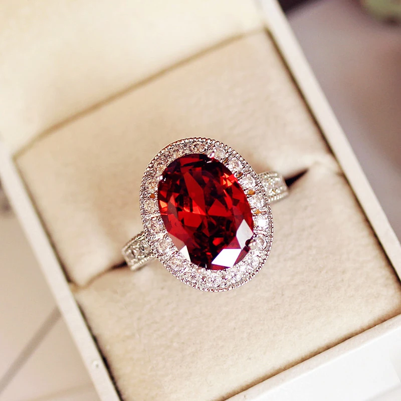 Luxury Male Female Big Oval Charm Silver Color Red Stone Jewelry Promise Wedding Engagement Rings For Men And Women