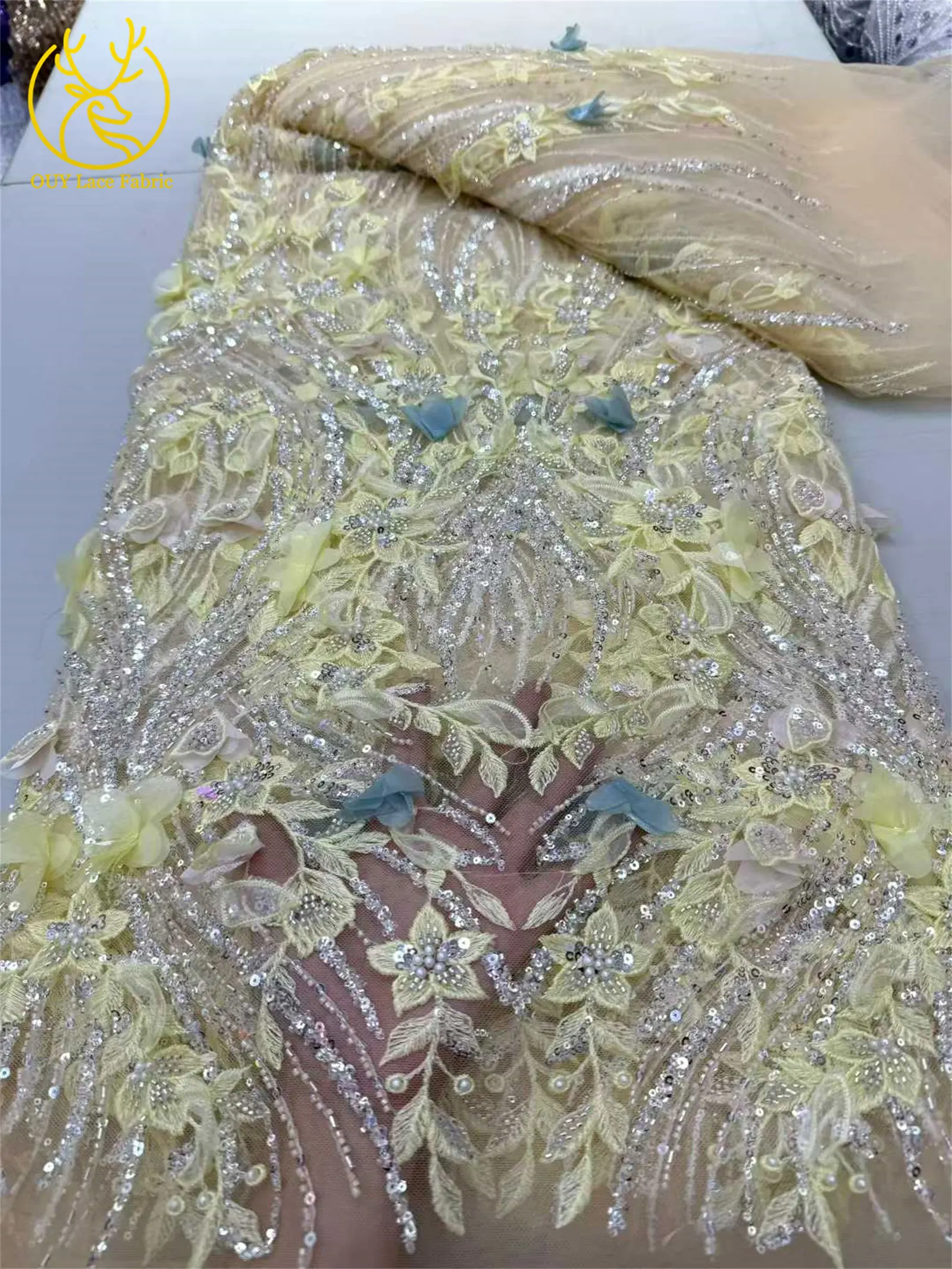 Neueste 3D Blumen Afrikanische Perlen-Spitzenstoff 2026 Französischer Nigerianischer Pailletten-Spitzenstoff für Braut Hochzeitskleid Material – Detail 10