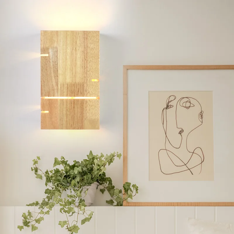

Warm wooden bedside lamp in the bedroom, natural wood living room background wall lamp, Japanese style quiet wind retro aisle