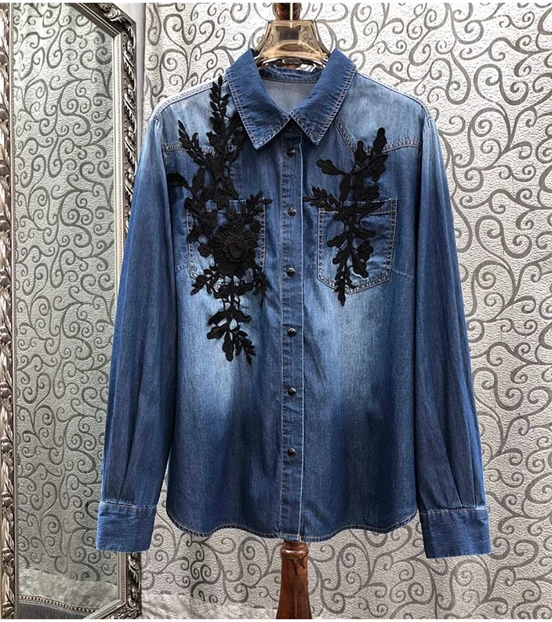 100%Cotton Denim Shirts 2024 Autumn Winter Shirts Women Appliques Flower Embroidery Long Sleeve Casual Blue Jeans Shirts Clothes