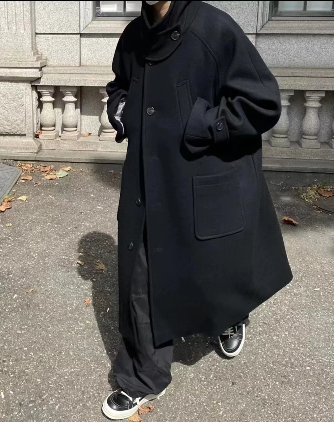 

Undermycar mid-length woolen wool silhouette double-side pocket trench coat jacket