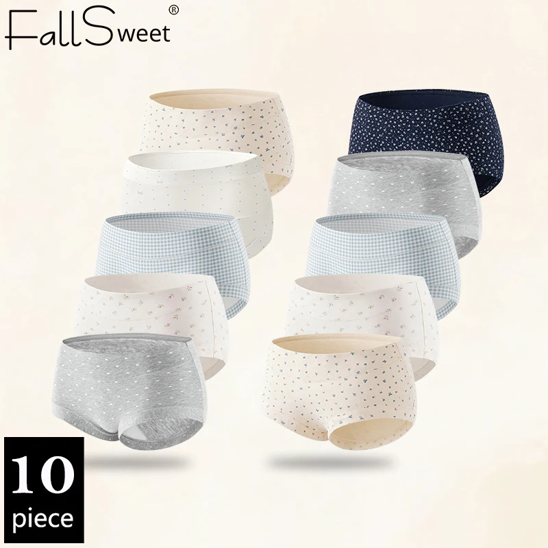 FallSweet 10PCS Women's Cotton Underwear Plus Size Panties Mid Rise Boxer Briefs Seamless Undpants Full Coverage Lingerie M-2XL