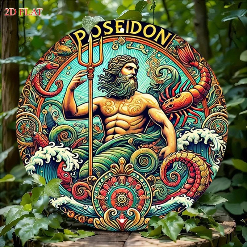 HD Tin Sign, Poseidon Greek God Round Metal Wall Art, Mythology Ocean Decor