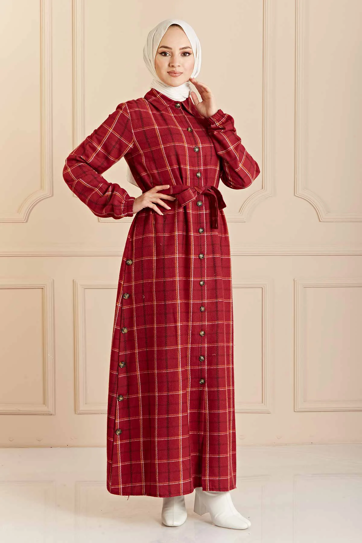 Plaid Shirt Collar Dress-Burgundy Winter Autumn 2021 Muslim Women Hijab headscarf islamic Turkey