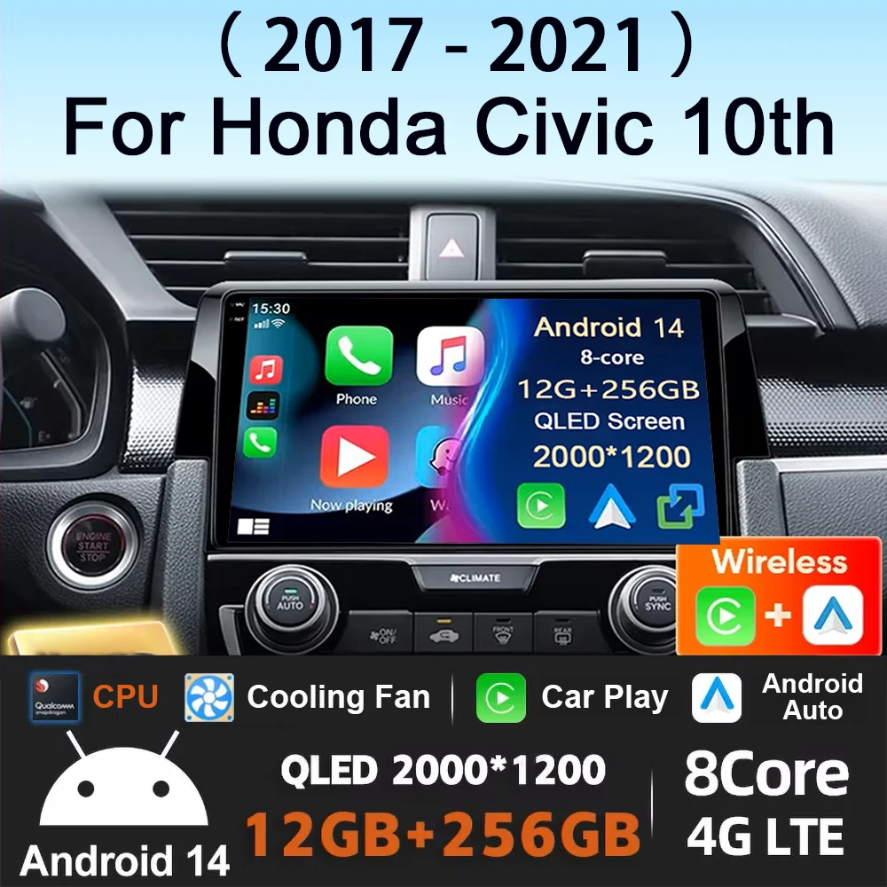 For Honda Civic 10th 2016 2017 2018 2019-2021 Android 14 Carplay Auto Car Radio Multimedia Video Player Navigation GPS 4G WIFI