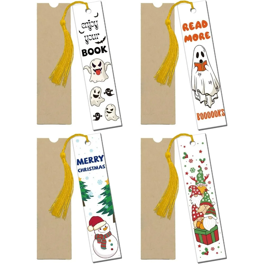 4Set Halloween and Christmas Acrylic Pressed Bookmarks Clear Acrylic Bookmarks Rectangle Book Marker Tags with 4Pcs Tassels