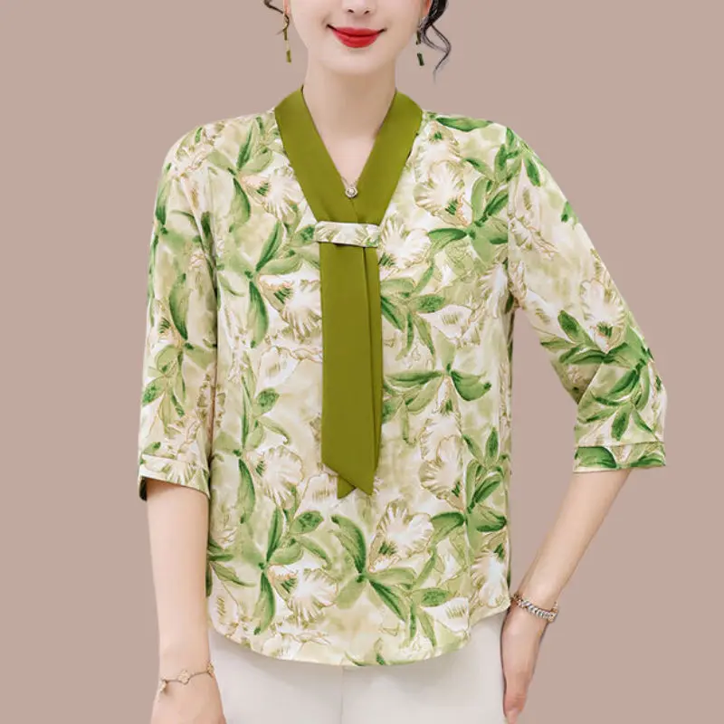 

Элегантная летняя рубашка среднего года с половиной рукавом, летняя тонкая многослойная шифоновая футболка, топ