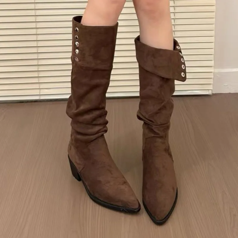 Spring Autumn Retro French Foldable Women's Knee High Boots 2026 Fashion Pleased Pointed Toe High Heel Casual Women Boots