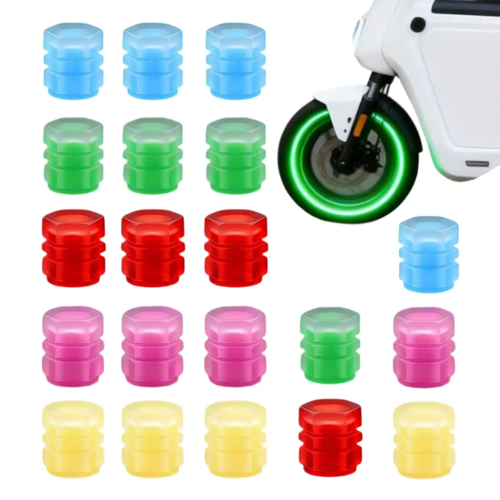 

20 шт. светящиеся в темноте колпачки для вентилей шин, светящиеся защитные колпачки для колес, пылезащитные, антикоррозийные, универсальные для автомобилей, внедорожников, грузовиков