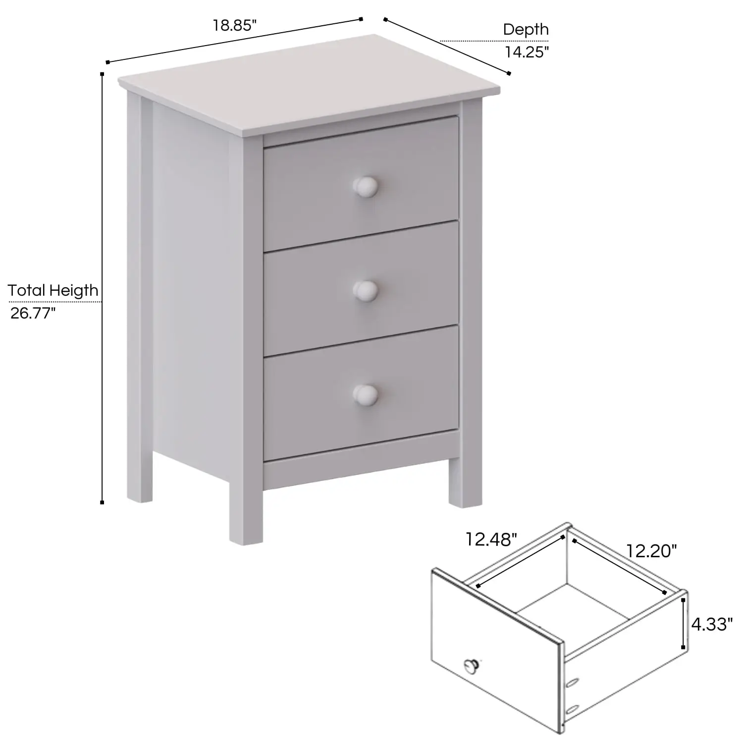 Solid Pine Wood Nightstand with 3 Drawers & Spacious Storage, Sustainable Gray Bedside Table for Bedroom, Customized