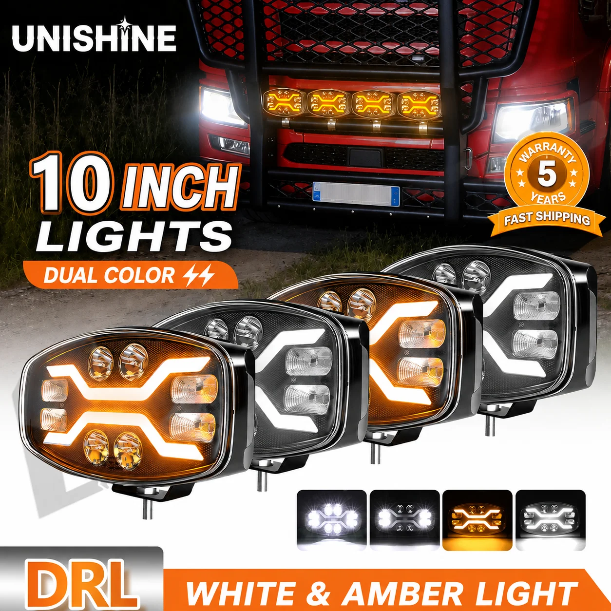 UNISHINE 10" LED-LKW-Licht Weißes Fahrlicht Weiß+Bernsteinfarbenes DRL-Stroboskop 40000LM Scheinwerfer Superhell IP68 für 4x4-LKW Offroad-Einsatz