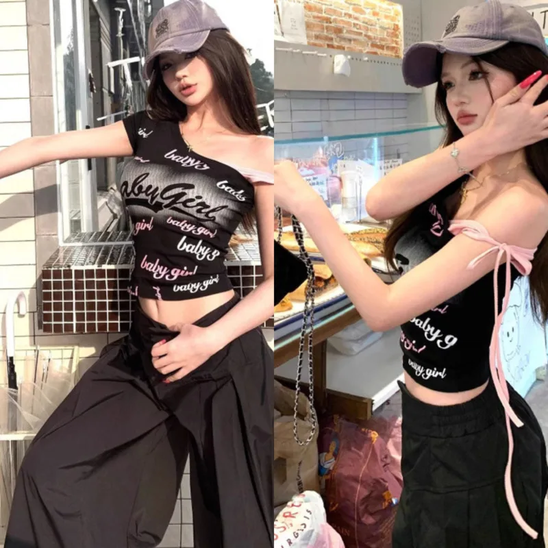 

Letter Printed Tops&Tees Girl Summer Harajuku American Y2K Japan Strap Strap Short Sleeve T-shirt Women Pinch Short Top Tee New