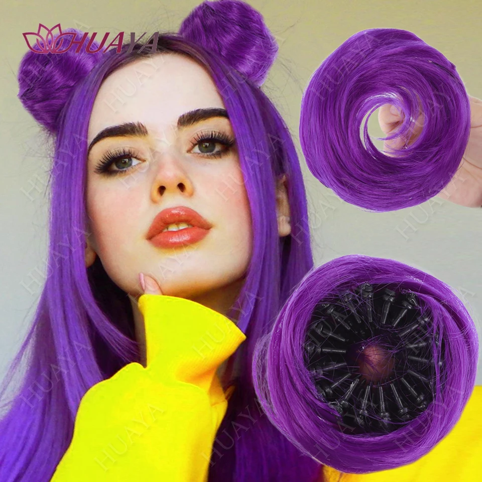 Purple Synthetic Hair Bun With Circle Elastic Clips Straight Donut Updo Hair Wig Bird's Nest Shaped Retractable Hairpieces