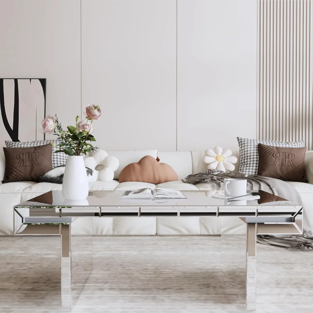 48" Modern Luxury Rectangle Mirrored Coffee Table - Silver Finish Center Table with Fluted Glass Edge