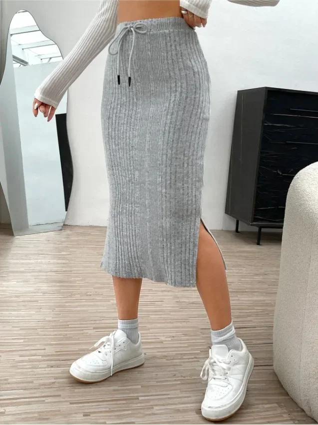 Autumn and Winter New Casual High Waist Drawstring Slit Knitted Wool Skirt Ladies Fashion Solid Color Slim-fit Half Body Skirt