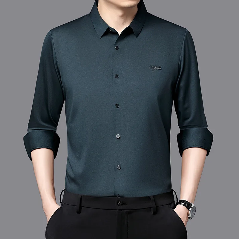 Autumn New Men's Solid Color Polo Collar Shirt Long Sleeve Shirt Business Casual Long Sleeve Seamless Men Shirt