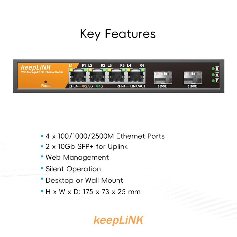 keeplink 6-Port Multi-Gigabit Web-Managed Switch with 4-2.5Gb RJ45 and 2-10G SFP+