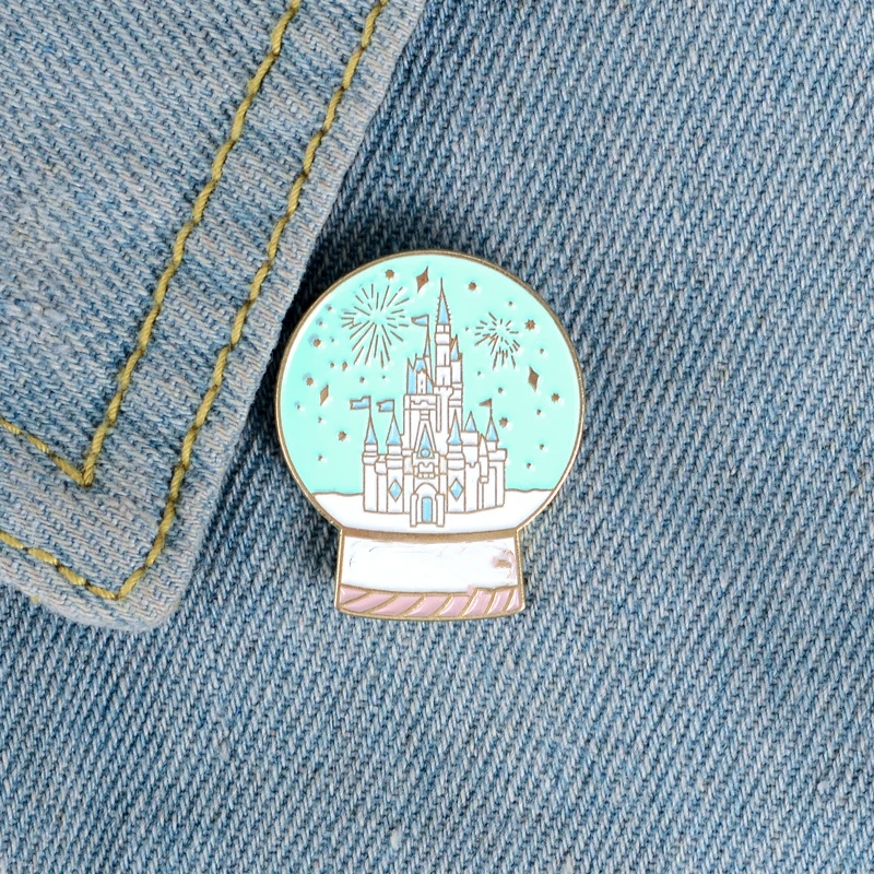 Castle in Crystal Ball Enamel Pin Funny Brooch Cartoons Badge for Bags Jeans Hoodies Denim Lapel Pin Jewelry Kids Best Gift