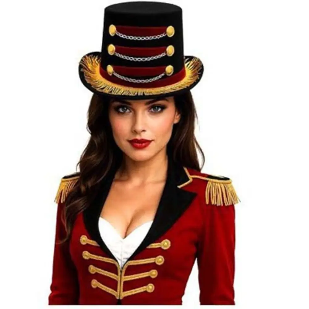 

Tasseled Design Vintage Fascinator Hats Gold Chains Gold Fringe Black Circus Hat Gold Buttons Vintage Style Ringmaster Top Hat