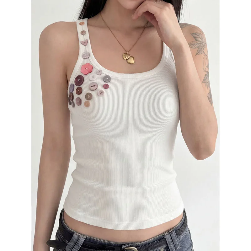 

BKQU Casual Sleeveless Y2K Ribbed Tank Top Women Color Button Decoration Summer U-neck Elastic Slim Harajuku 2000s Street Vest
