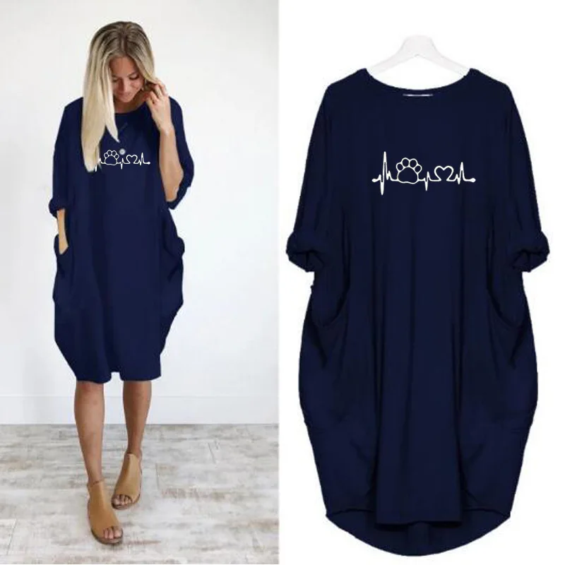 Dames losse lange mouwen zomer plus size jurk herfst winter casual ronde hals effen kleur lange mouw zak losse trui