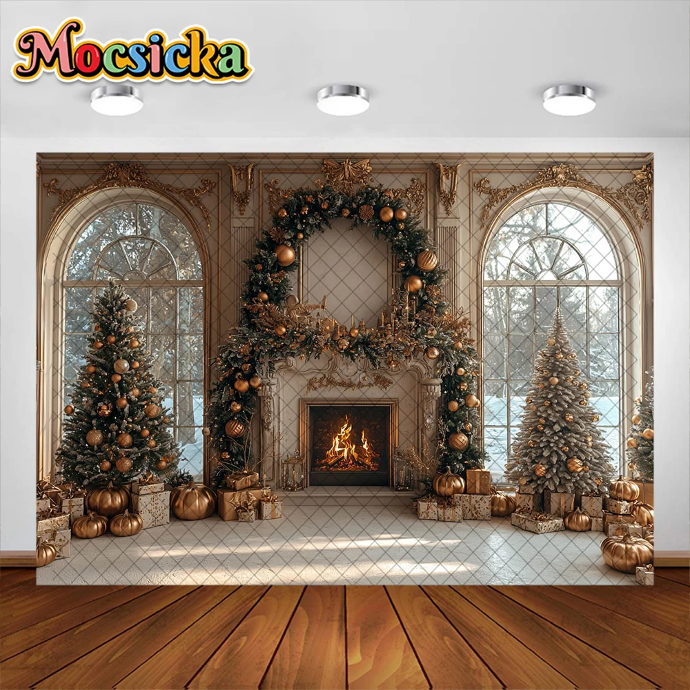 Зимний Рождественский фон для фотосъемки Рождественская елка Камин Украшение окна Праздничная вечеринка Портрет Фотостудия Реквизит Баннер