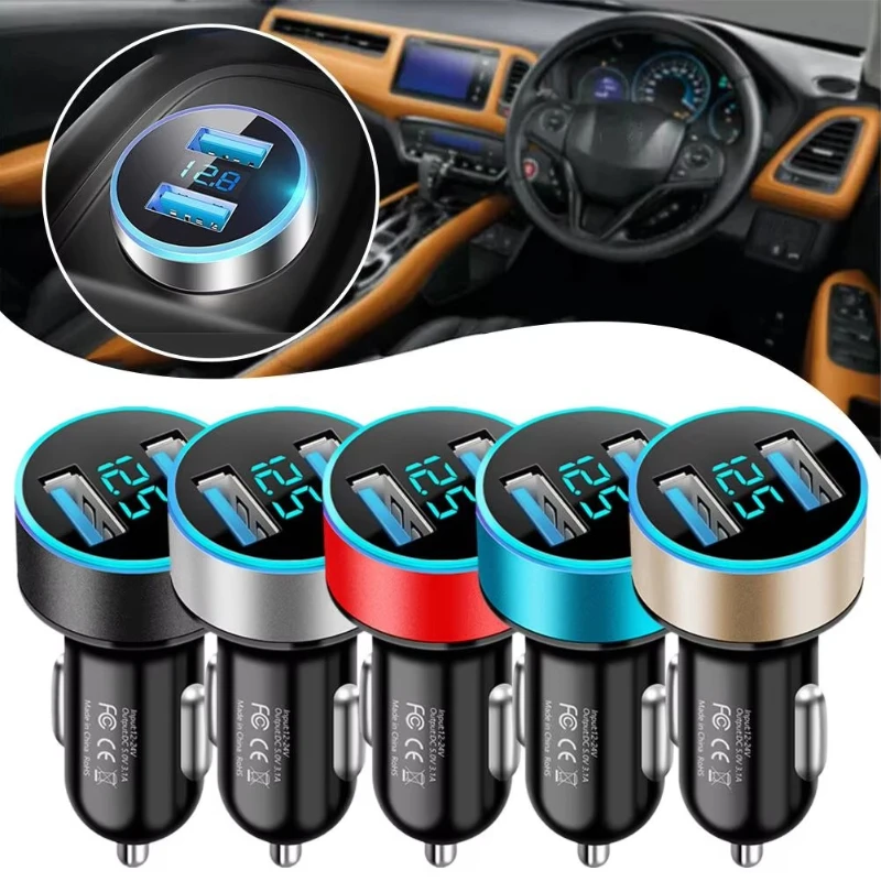 

Автомобильное зарядное устройство с двумя USB-портами и цифровым дисплеем напряжения, быстрая зарядка от прикуривателя, 1/2 шт.
