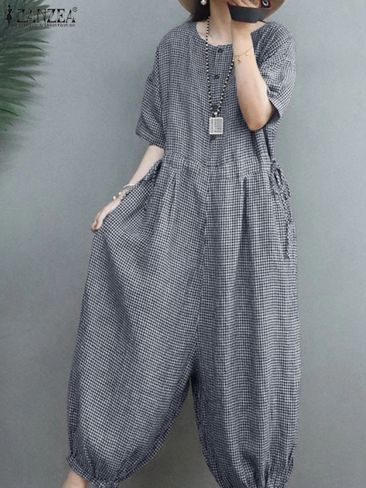 ZANZEA Women Vintage Gingham Jumpsuits 2025 Spring Loose Casual O Neck Half Sleeve Overalls Checked Drawstring Wide Leg Rompers