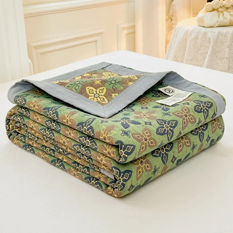 100% Cotton 3-Layer Gauze Towel Blanket, Class A Yarn-Dyed Multi-Functional Lightweight Throw for Sofa, Soft Breathable Bedding