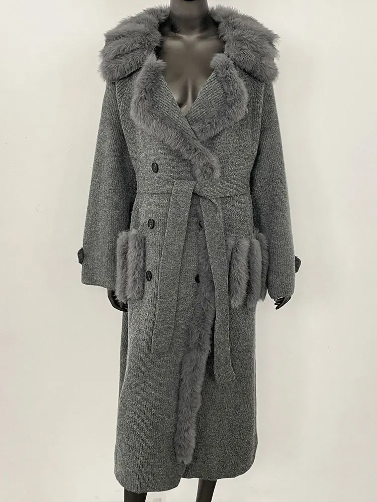 

FURYOURSELF 2025 Новое осеннее женское вязаное шерстяное пальто больших размеров с воротником из натурального лисьего меха, женская куртка с отделкой из натурального меха