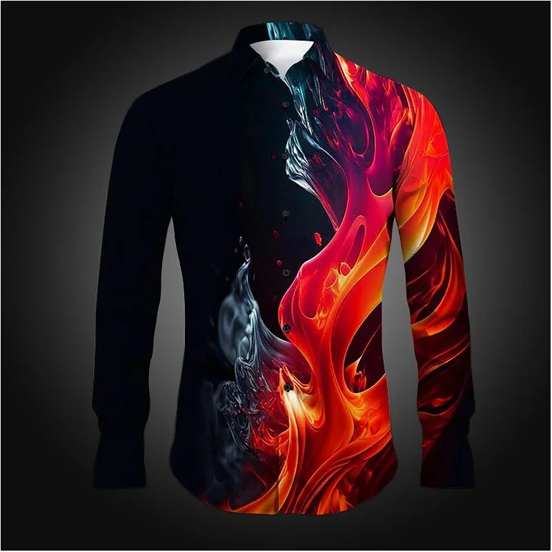 Summer Color Lines 3D Floral Print Men's Long Sleeve Shirt Single Row Zipper Fashion Design Long Sleeve Shirt