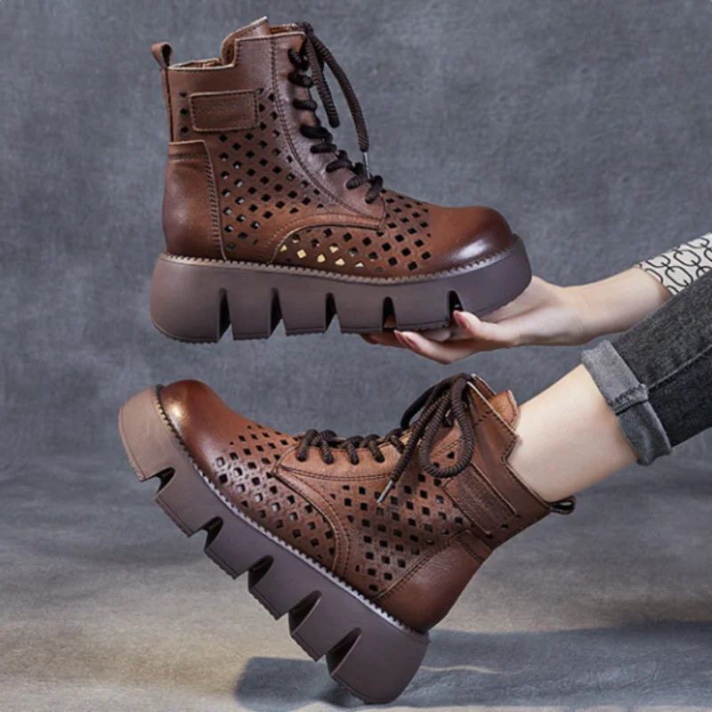 

Женские летние ботинки ZXRYXGS 2026 с перекрестными ремешками, боковой молнией, из натуральной кожи, с перфорацией, на платформе, увеличивающие рост, модные и стильные