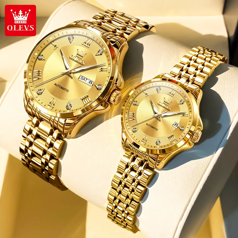 OLEVS 6702 العلامة التجارية الأصلية الفاخرة التلقائي ساعات الزوجين زوج مجموعة للنساء والرجال مقاوم للماء الذهب الميكانيكية عاشق ساعة اليد #1