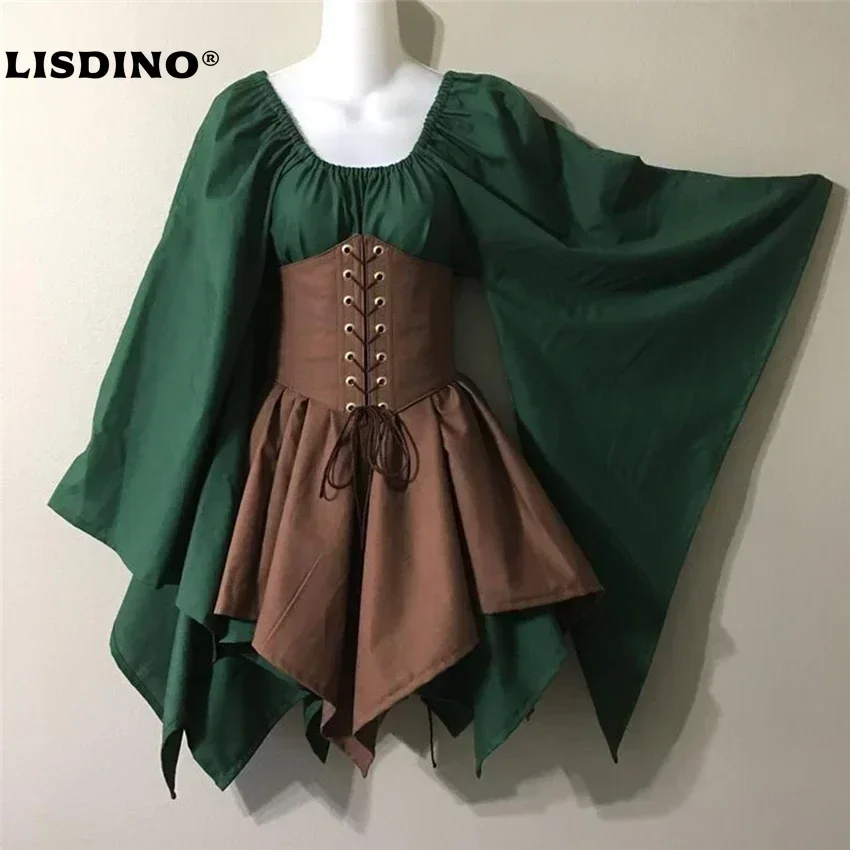 

1Renaissance Vintage Palace Victoria Medieval Costume Women Halloween Cosplay Full Sleeve Waist Bandage Ptachwork Dress Party