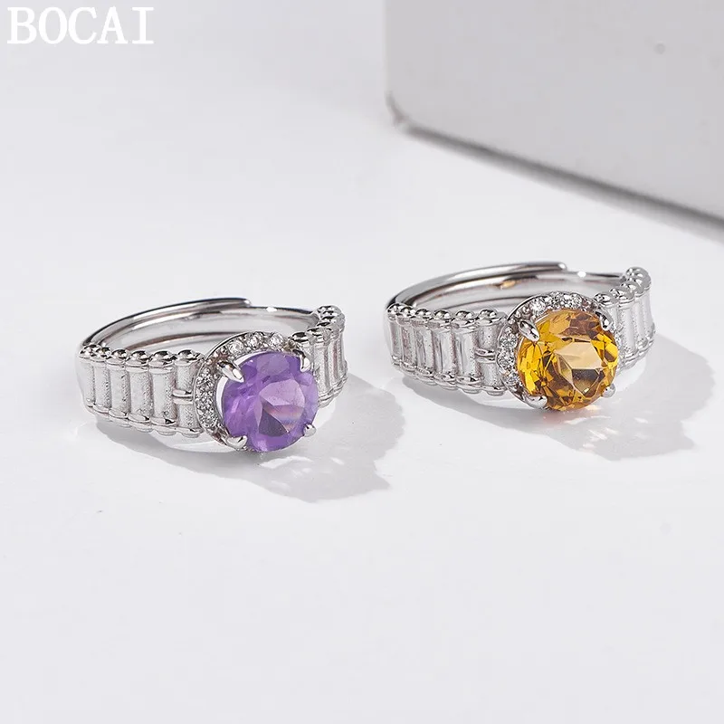 

BOCAI New S925 Silver Simple and Versatile Natural Amethyst Crystal Engagement Ring Women's Choice Gif