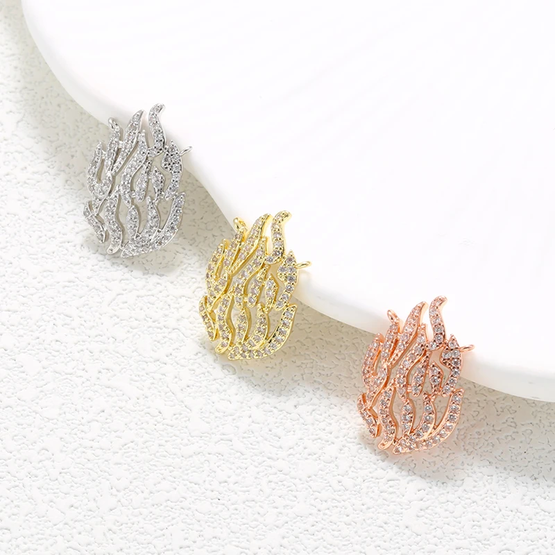 Luxury Hollow Zircon Paved Pendant Charm, Fire Element 18K Gold Plated Brass Pendant for DIY Jewelry Making Supplies:VD2276