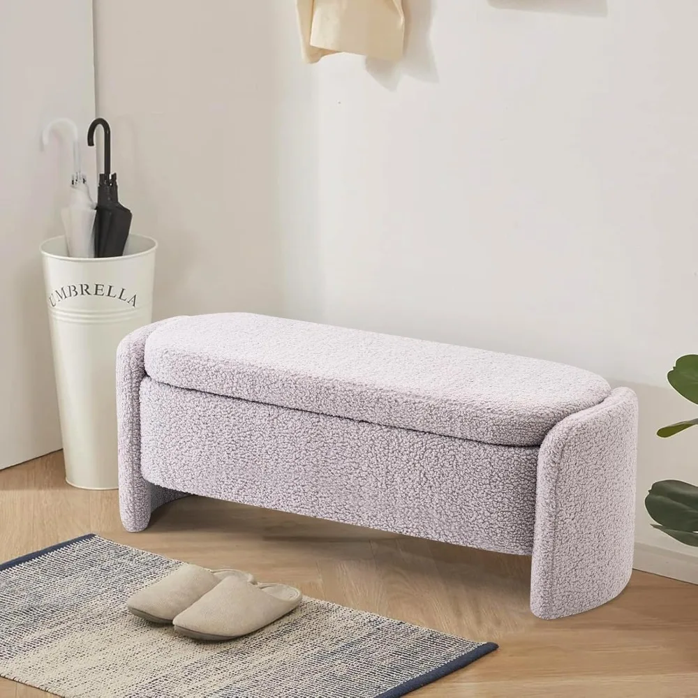 48 Inch Lamb Fleece Oval Storage Bench Upholstered Ottoman Bench with Storage, Bedroom Bench with Large Storage Space, for Bedro