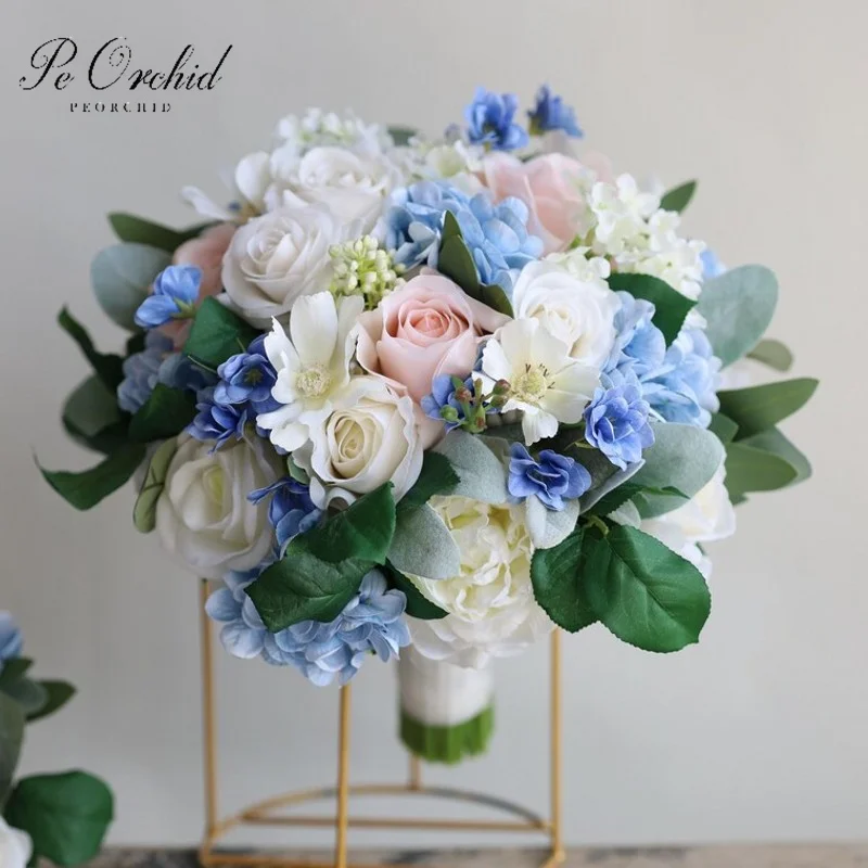 PEORCHID Light Blue & Blush Pink Wildflower Bridal Bouquet Rose Hydrangeas Spring Summer Faux Flowers Colorful Wedding Bouquet