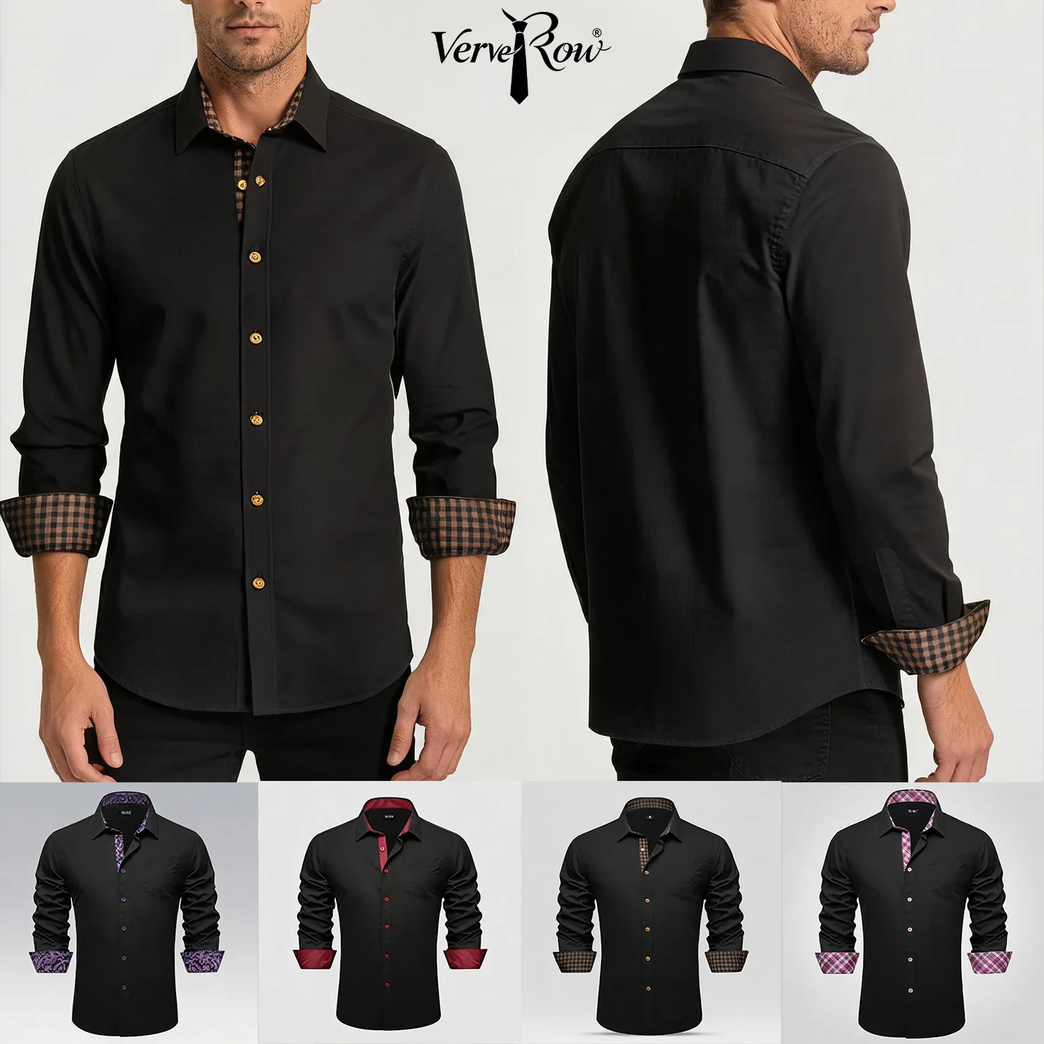 Basic Solid Long Sleeve Plaid Collar Cuff Patchwork Shirt Black Soft Daily Office Casual Button Tops