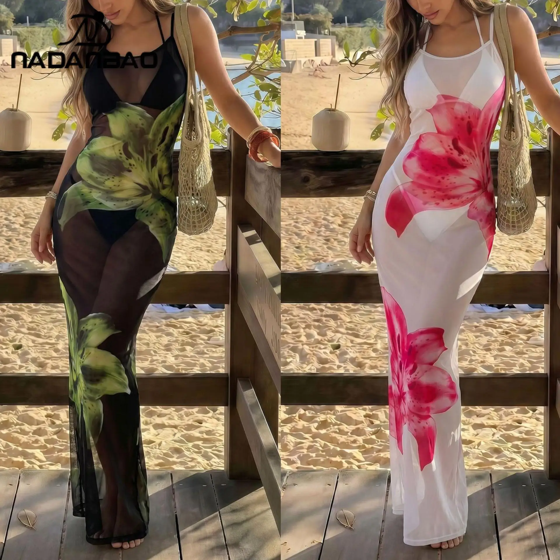 

Nadanbao Sexy Black White Three-Piece Swimwear Floral Print Sling Long Dress Fashion Women's Mesh Cover-Up Beach Holiday Bikini